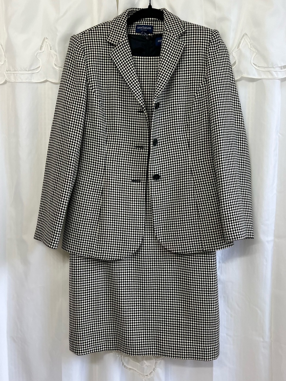 Vintage Ann Taylor 100% Wool Houndstooth Blazer Dress Suit Set Size 8